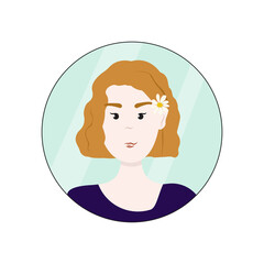 Cute girl avatar flat style, vector illustration isolated on white background. Female portrait, turquoise abstraction. Redhaired woman in purple clothes with a flower in her hair