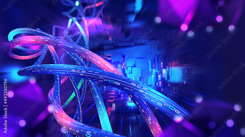Aufkleber Abstract neon hi-tech background. Glowing neon chain, spiral. Cyberpunk information blocks. Blockchain data network. 3D illustration of a synthetic DNA molecule in cyberspace