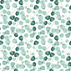 Watercolor seamless pattern with eucalyptus branches on white background
