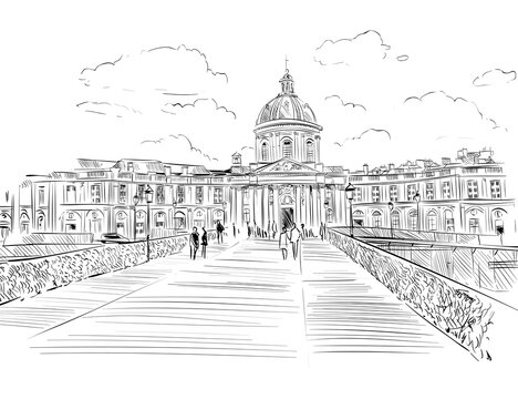 Bridge of Arts. Institute of France. Paris, France.  River Sena. Urban sketch. Hand drawn vector illustration