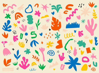 Collection of minimalistic aesthetic doodles and abstract bright elements on isolated background. Large collection of elements, unusual shapes in matisse art style hand-drawn