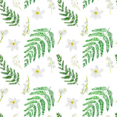 Watercolor seamless pattern with fern and white flowers on white background