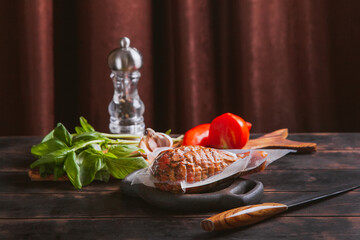 Artisan ham made from turkey meat, boiled and smoked with the addition of chicken fillet in a...