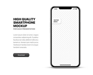 3d high quality vector smartphone mockups. Ultra realistic mobile device UI UX mockup for presentation template. Cellphone frame with blank screen isolated templates. 3d isometric illustration.