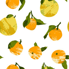Seamless pattern with citrus fruits: juicy mandarin, orange, clementine, pomelo. Fresh ripe fruit, healthy organic food. Vector flat cartoon botanical background