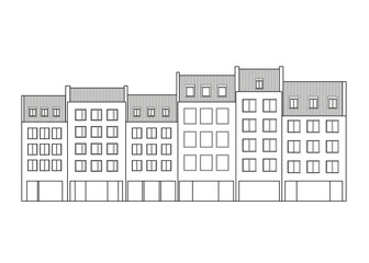 Architectural vector drawing of facades of six small town houses in a row