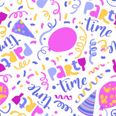 Fun colorful confetti, cone festive hats and balloons seamless repeat pattern.