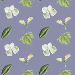 Watercolor seamless pattern with hydrangea and leaves on gray background