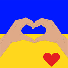 Two hands, fingers connected like a heart, yellow blue background. International protest against the war in Ukraine. Poster. Banner. Vector illustration.