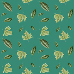 Watercolor seamless pattern with leaves on green background