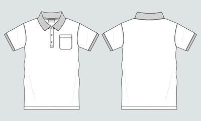 Short sleeve Polo shirt Overall technical fashion Drawing Flat sketch template front and back view. apparel dress design vector illustration mock up Polo tee CAD.
