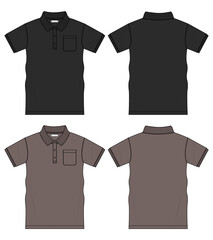 Polo Shirt Technical Fashion Flat Sketch vector illustration template front and back view isolated on white background. Men's fashion polo t shirt  Black and khaki color mock up CAD.
