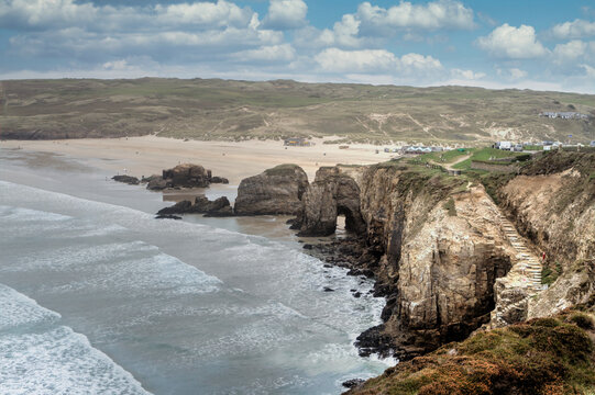 Perranporth Coast with coastal path and beach, Cornwall, UK.