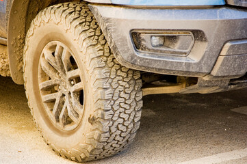 Close up of pick up dirty tire.