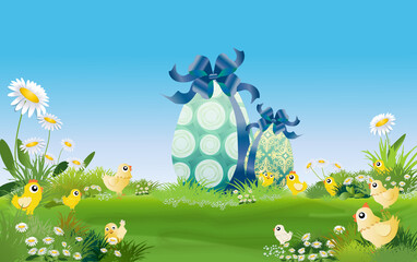 Petits poussins devant des œufs de pâques dans la nature © Nathalie Bosansky