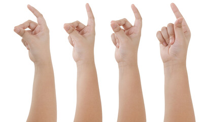 GROUP of kid asian hand gestures isolated over the white background. SNAP ACTON.