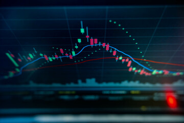 Blue Stock Exchange Market trading graph on screen labtop for  financial investment. Stock analysis chart display.Finance and Economic concept