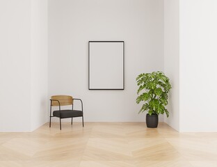 3d render of a modern living room with armchair with with mock up poster frame on wall,3d illustration