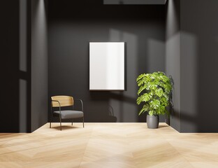 modern interior design with poster frame on dark wall,and with monstera plant,3d illustration