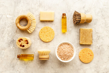 Flatlay of massage and spa products and accessories, top view