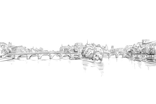 Pont neof old bridge, river Seine. Paris. France. Urban sketch. Hand drawn vector illustration