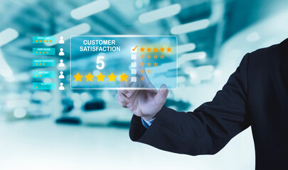 businessman touching digital icon Customer Opinion Survey Concept Users rate the service experience on the online application. Customers can assess the quality of service leading.