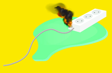 ignition of an electric extension cord from a puddle of water on a yellow background 