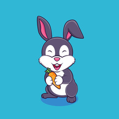 Cute rabbit holding carrot cartoon vector illustration. Happy bunny cartoon icon on blue background.