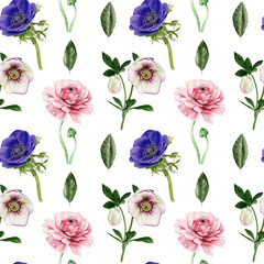 Watercolor seamless pattern with anemone, ranunculus and hellebore flowers on white background