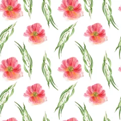 Gordijnen Watercolor seamless pattern with poppy and eucalyptus on white background © MyLittleMeow