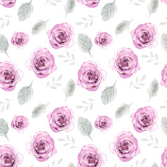 Watercolor seamless pattern with roses on white background