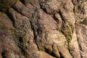 texture of rough bright brown granite boulder rock with craks, lines and natural shapes