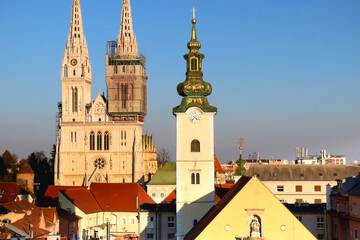 Fototapeta na wymiar Zagreb skyline with Zagreb Cathedral and St. Mary Church. 
