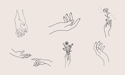 A set of Woman's hand icon collections in a minimal linear style. Vector logo design templates with different hand gestures, Crystal. For cosmetics, beauty, tattoo, Spa, feminine, jewelry store