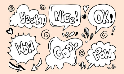 Hand drawn set of speech bubbles with handwritten short phrases  wow,ok,cool,pow,yeah,nice on pink background.
