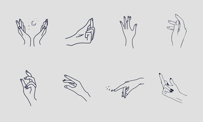 A set of Woman's hand icon collections in a minimal linear style. Vector logo design templates with different hand gestures, Crystal. For cosmetics, beauty, tattoo, Spa, feminine, jewelry store