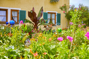 Beautiful colourful cottage garden, in Bavaria, Southern Germany.