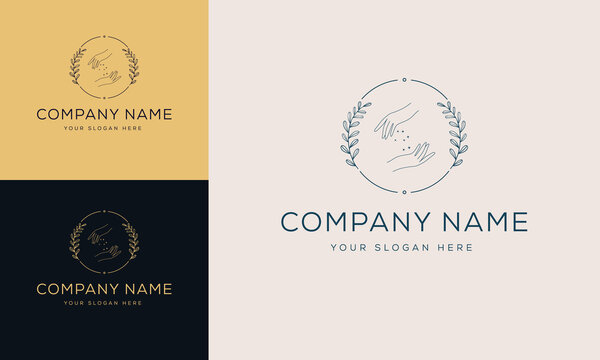 A set of female hand logos in a minimal linear style. Vector logo design Templates with different hand gestures, Crystal. For cosmetics, beauty, tattoo, Spa, feminine, jewelry store