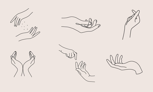 A set of Woman's hand icon collections in a minimal linear style. Vector logo design templates with different hand gestures, Crystal. For cosmetics, beauty, tattoo, Spa, feminine, jewelry store