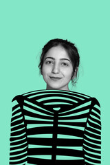 Modern artwork. Young woman with drawn with line art cloth element isolated over mint background