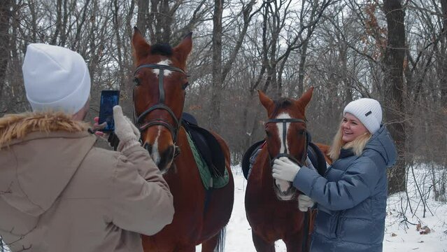 A young couple was walking with a horse through a snowy winter field in the forest. A man takes pictures of a woman on his phone. Horse breeding