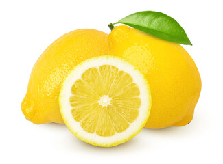 lemon fruit and slice with leaves isolated on white background, Fresh and Juicy Lemon