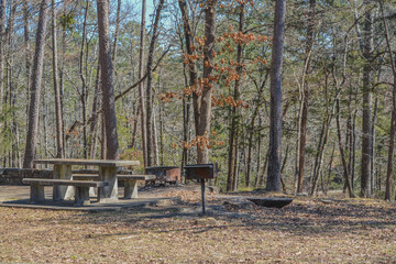 Picnic and camping spot in the forest of Beavers Bend State Park at Broken Bow, Oklahoma