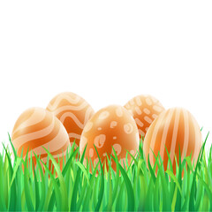 Happy Easter. Template vector card with realistic eggs and grass. Vector illustration White background.