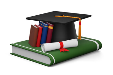 Graduation cap with Diploma and colorful book, 3d rendering