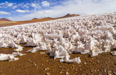 Landscape in the high Andes of Chile with snow penitentes: remnants of snow at 5000 meter altitude...