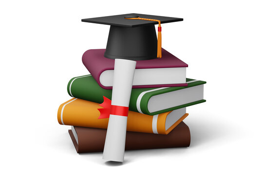 Graduation cap with Diploma and colorful book, 3d rendering