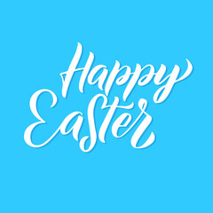 Fototapeta premium Happy Easter modern brush calligraphy. Ink illustration. Isolated on Blue Background. Vector illustration