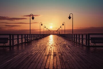 Fototapeta na wymiar Beautiful morning seaside landscape. Wooden pier with a colorful sky in Gdynia Orlowo, Poland.