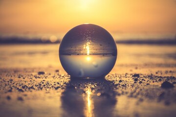 Abstract holiday seaside idea. Sea landscape held in a glass ball.